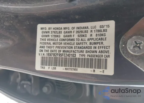 2015 Honda Civic Ex-L from USA, damaged, VIN 19XFB2F95FE240103